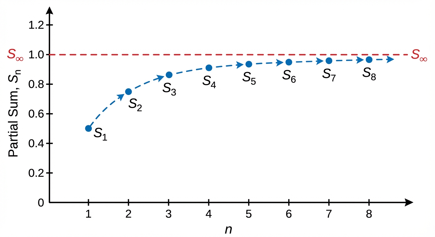 A graph showing the partial sums of a convergent GP, like S_1, S_2, S_3, ..., plotted on the y-axis against n on the x-axis. The points should clearly approach a horizontal asymptote, which represents Sā.