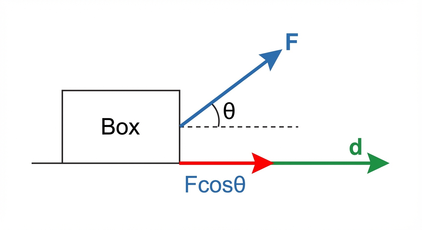A diagram showing a box on a horizontal surface being pulled by a force F at an angle θ above the horizontal. The displacement vector d is shown along the horizontal surface. The horizontal component of the force, Fcosθ, is clearly labelled as being parallel to d.