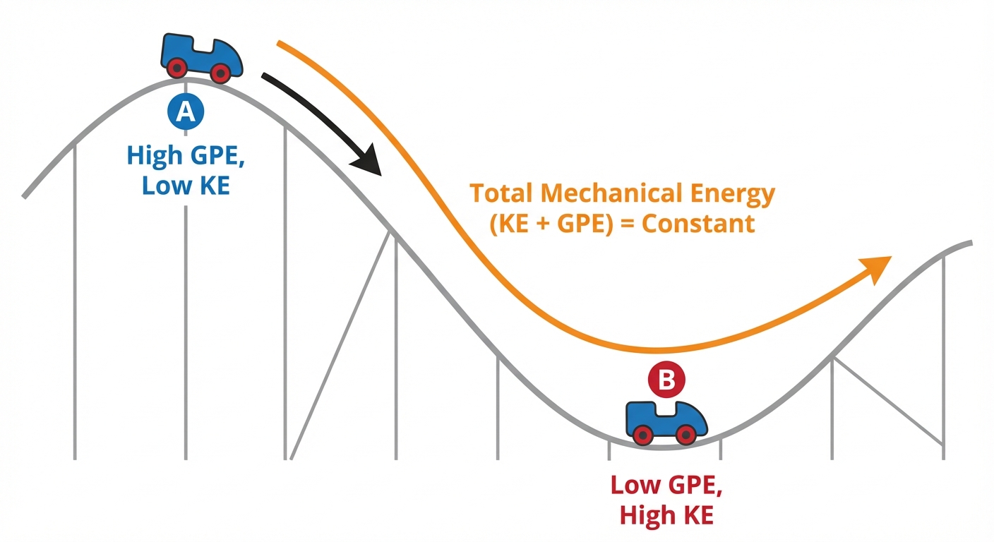 A diagram showing a rollercoaster at two points. Point A is at the top of a hill, labelled with 'High GPE, Low KE'. Point B is at the bottom of the dip, labelled with 'Low GPE, High KE'. An arrow indicates the total mechanical energy (KE + GPE) is constant between A and B.
