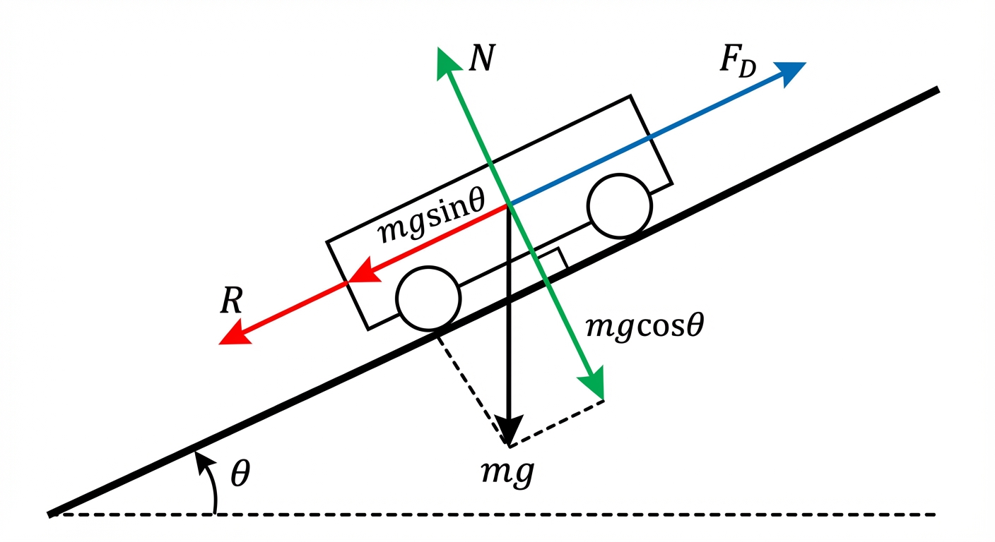 A clear, labelled free-body diagram of a car on an inclined plane. It should show the Driving Force () pointing up the slope, Resistance () and the weight component () pointing down the slope, and the Normal Reaction () perpendicular to the slope.