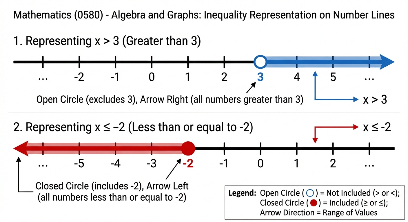 A number line showing x > 3 with an open circle on 3 and an arrow pointing right, and another number line showing x <= -2 with a closed circle on -2 and an arrow pointing left.