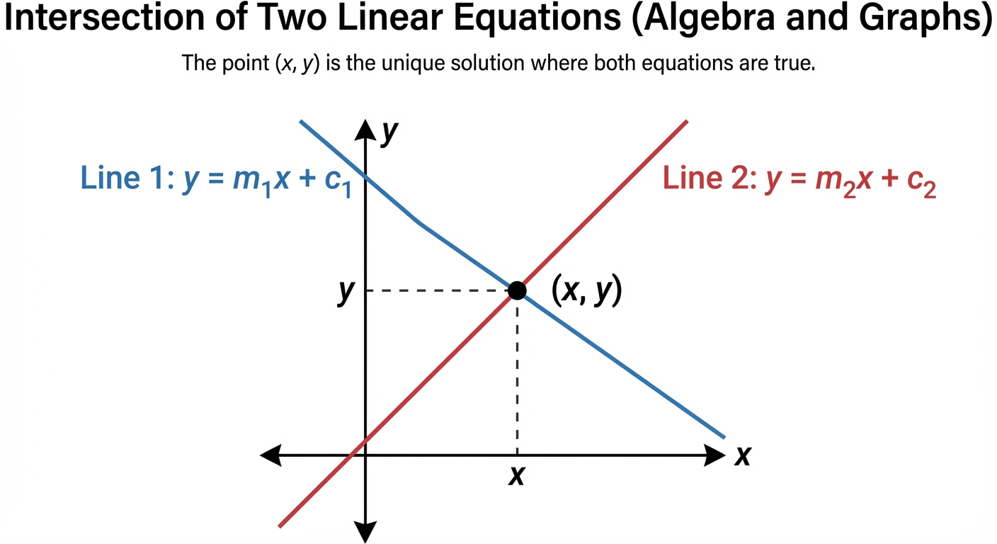 A graph showing two straight lines intersecting at a single point, labeled with its coordinates (x, y).