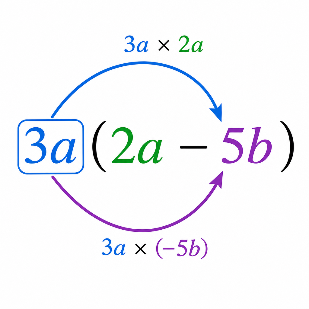 A diagram showing arrows from the 3a term to both the 2a and -5b terms inside the bracket, illustrating the distribution.