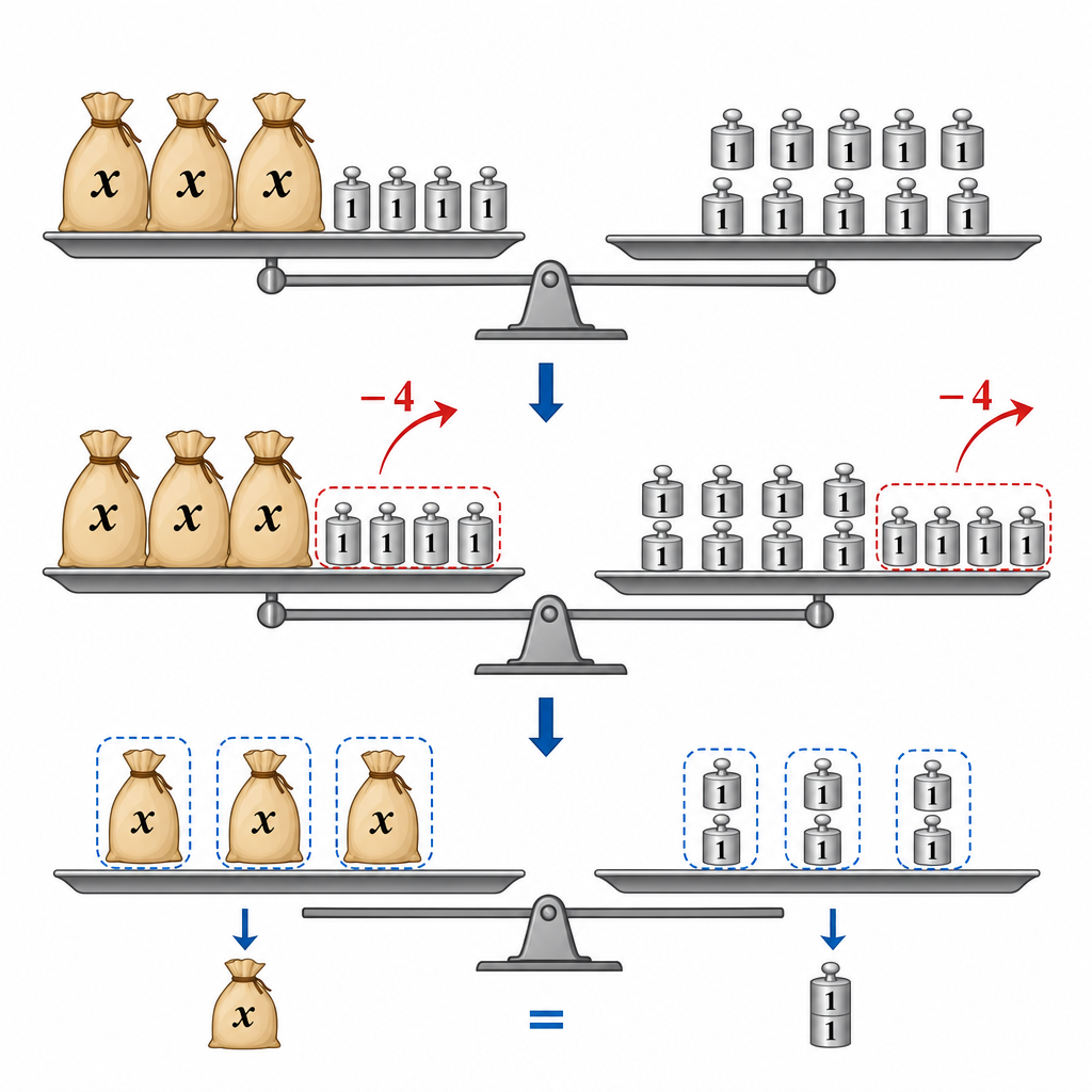 A diagram of a balancing scale. On one side are 3 bags labeled 'x' and 4 small weights. On the other are 10 weights. Arrows show removing 4 weights from each side, then dividing each side into 3 equal groups.