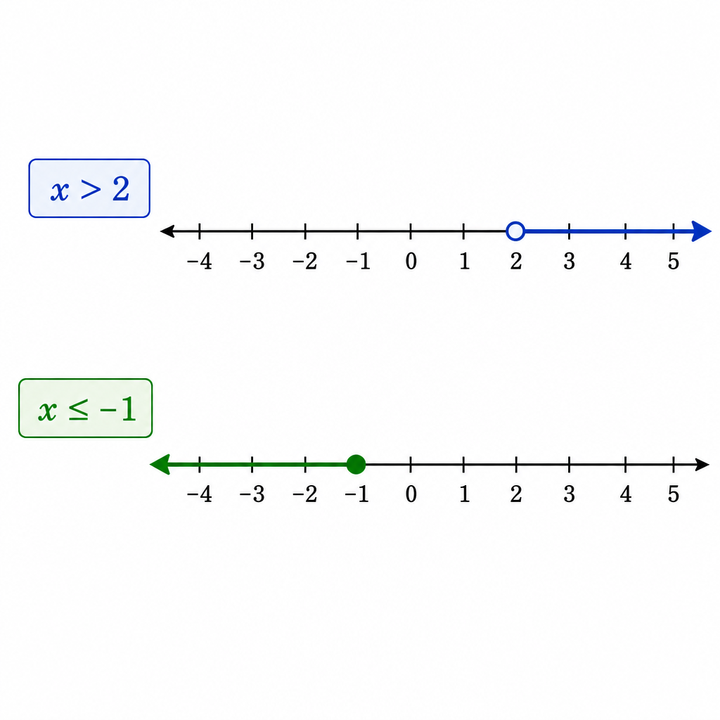 A number line showing two examples. The first shows x > 2, with an open circle at 2 and an arrow pointing to the right. The second shows x ≤ -1, with a closed circle at -1 and an arrow pointing to the left.