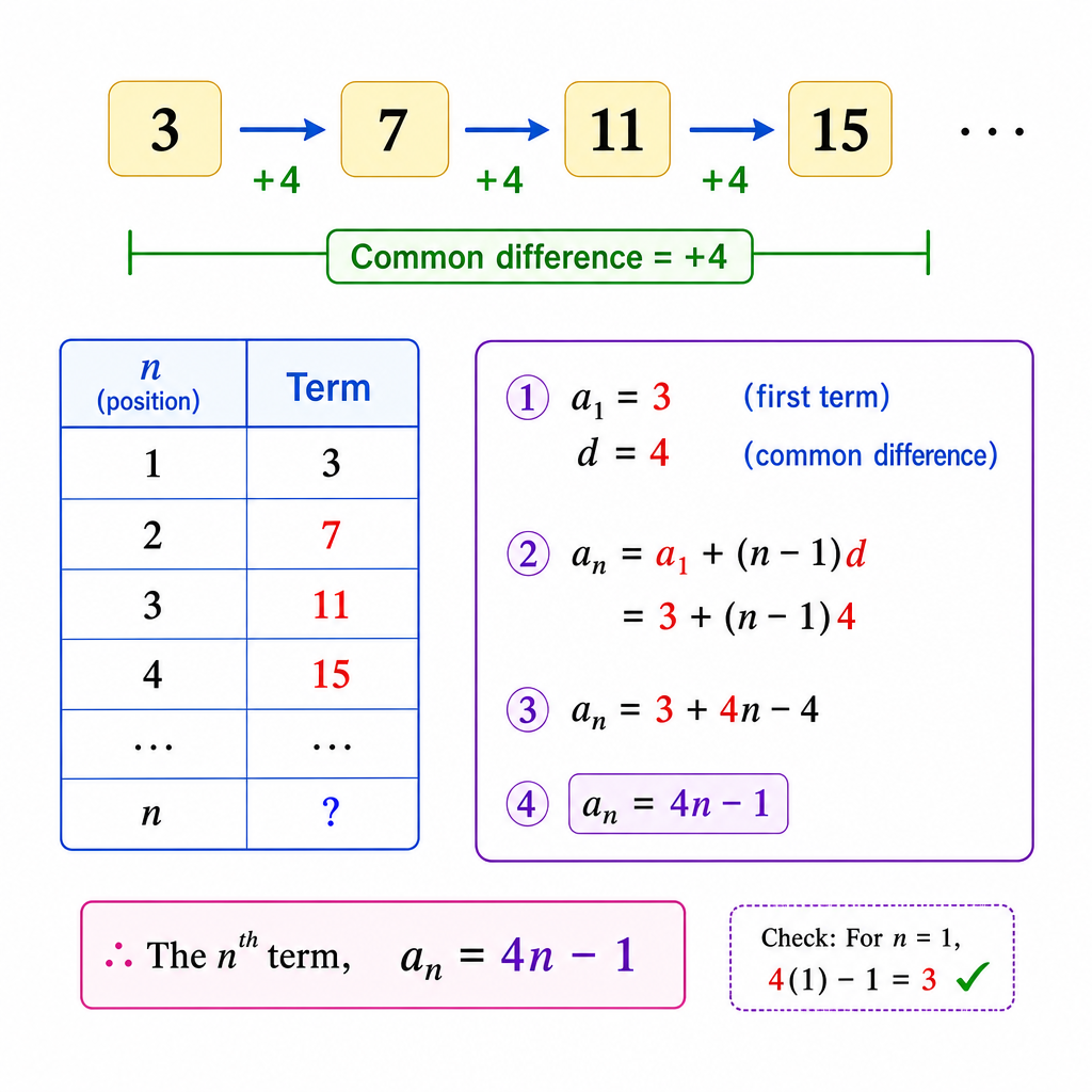 A diagram showing a linear sequence like 3, 7, 11, 15. Arrows between the terms show a constant difference of '+4'. Below it, a table with columns 'n' (position) and 'Term'. The derivation of the nth term '4n-1' is shown step-by-step.