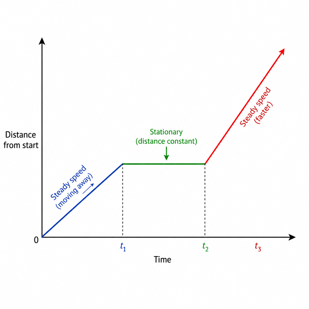A typical distance-time graph showing three sections: a steady slope upwards, a flat horizontal line, and then a steeper slope upwards.