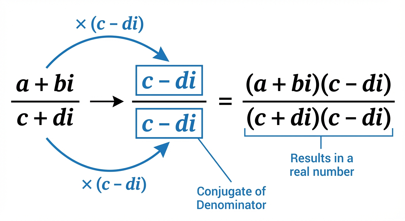 A diagram showing the fraction (a+bi)/(c+di), with arrows indicating that both the numerator and denominator are being multiplied by (c-di), the conjugate of the denominator.