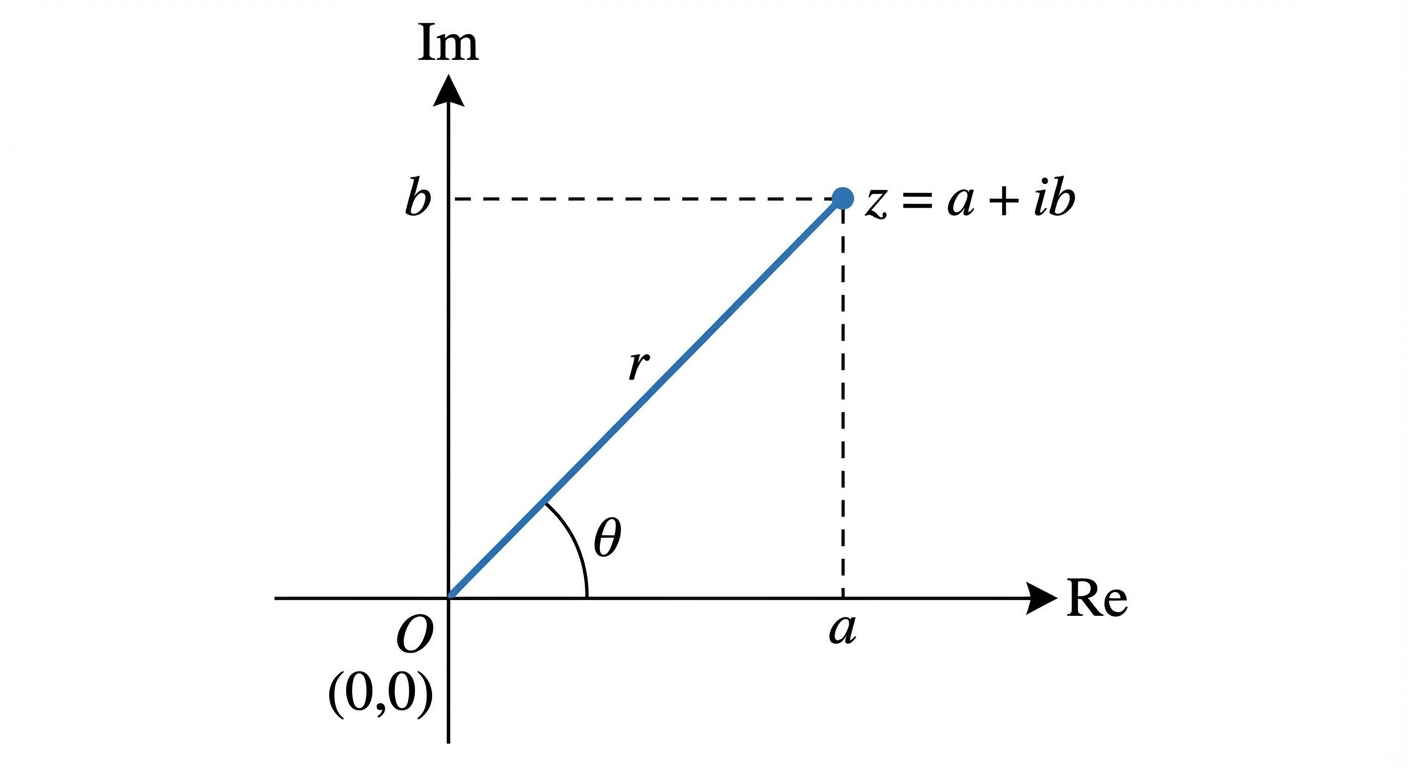An Argand diagram showing a complex number z = a + ib in the first quadrant. A line from the origin (0,0) to z is labelled with its length, r. The angle between this line and the positive x-axis is labelled θ.
