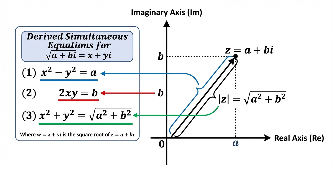 A diagram showing the three key simultaneous equations derived: (1) x^2 - y^2 = a, (2) 2xy = b, and (3) x^2 + y^2 = sqrt(a^2 + b^2).