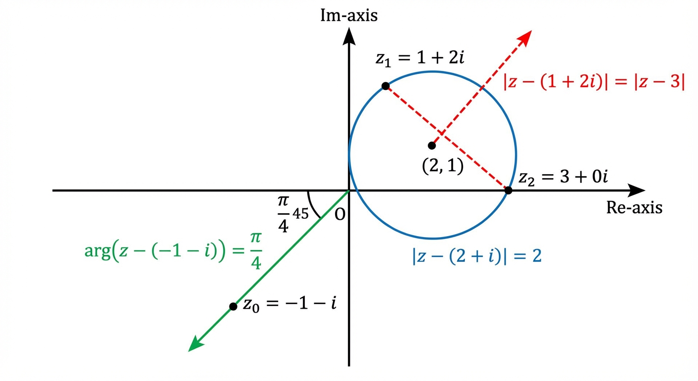 An Argand diagram showing a circle, a perpendicular bisector between two points, and a half-line, all clearly labelled with their corresponding equations.