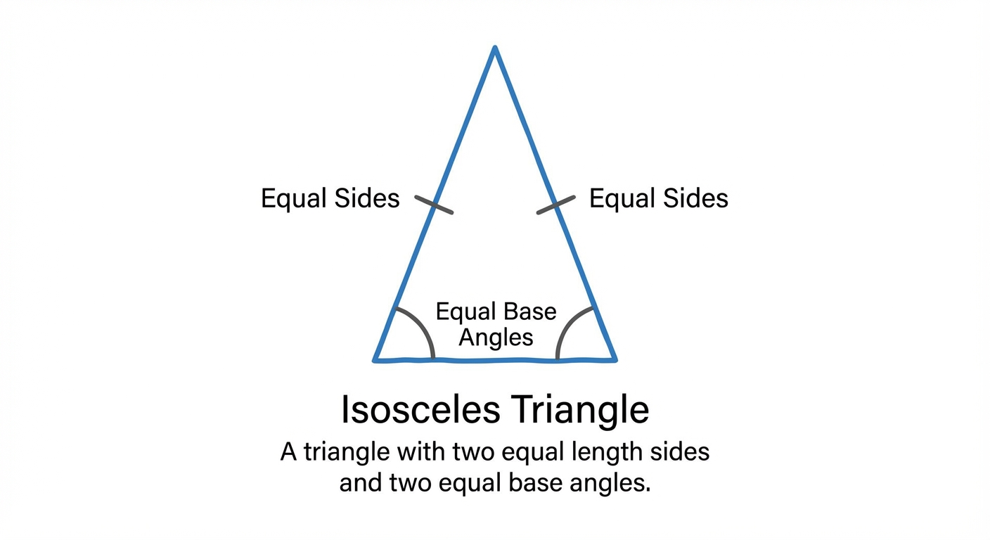 A diagram of an isosceles triangle with the two equal sides and two equal base angles clearly marked.