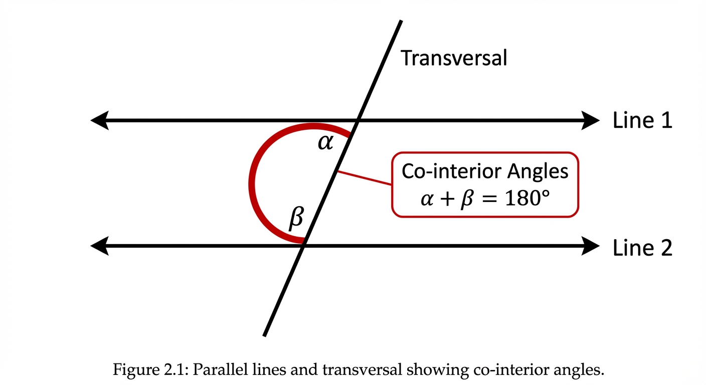 A diagram showing two parallel lines cut by a transversal. A 'C' shape is highlighted showing the two co-interior angles that sum to 180 degrees.