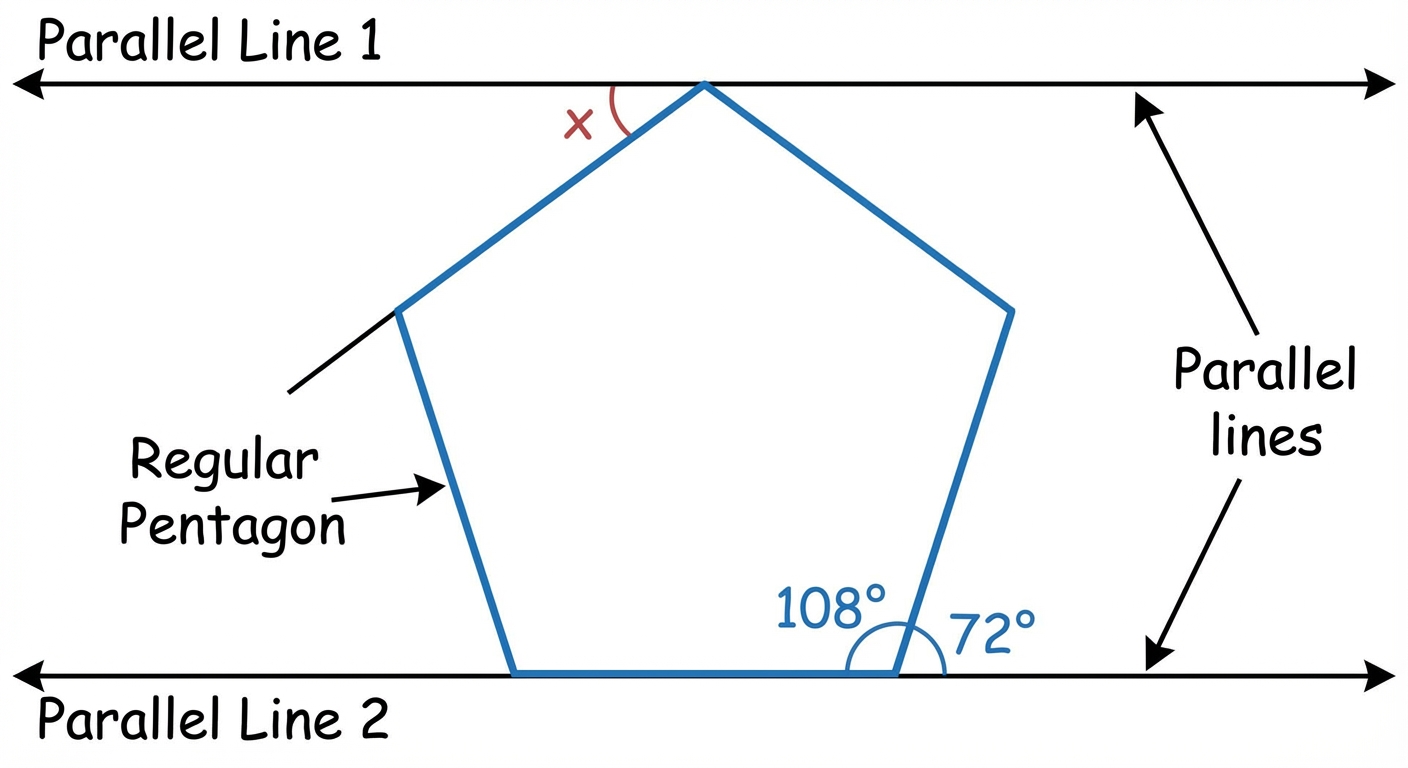 A regular pentagon is shown with one of its horizontal sides lying on one of two parallel lines. The top vertex of the pentagon touches the other parallel line. Find the angle 'x' formed between the upper parallel line and a slanted side of the pentagon.