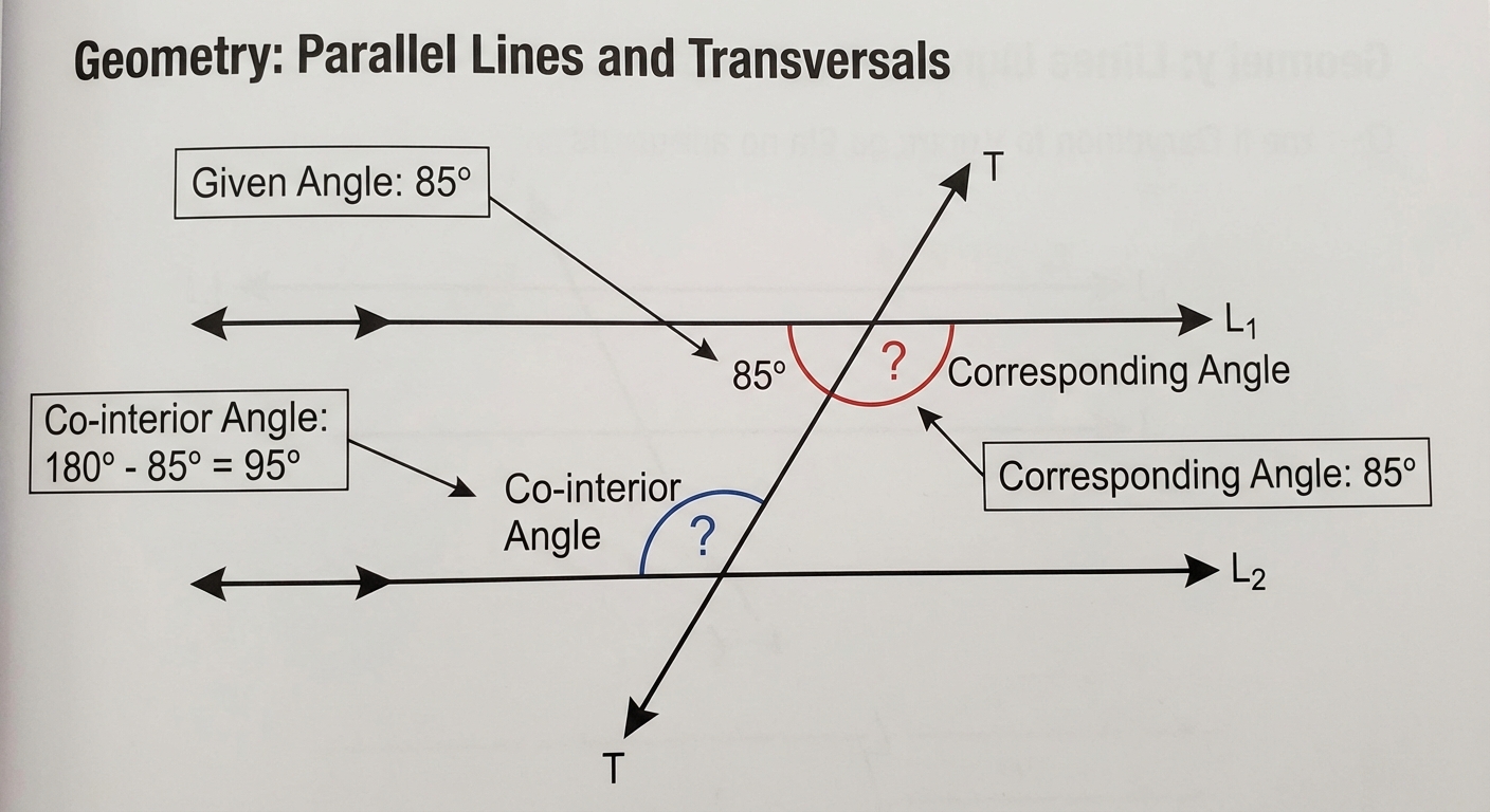A visual guide showing acute, right, obtuse, and reflex angles, plus parallel and perpendicular lines.
