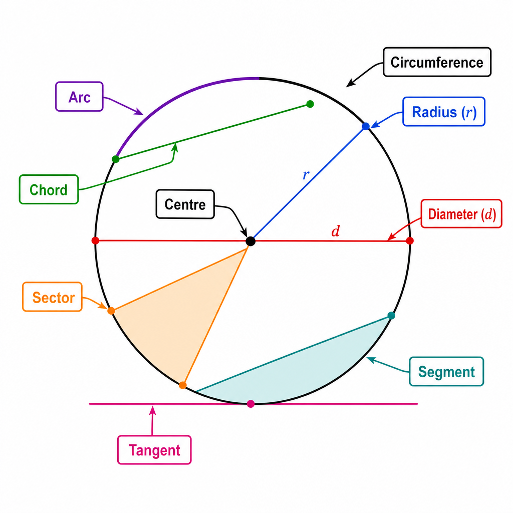 A labelled diagram of a circle showing the centre, radius, diameter, circumference, chord, tangent, arc, sector, and segment.