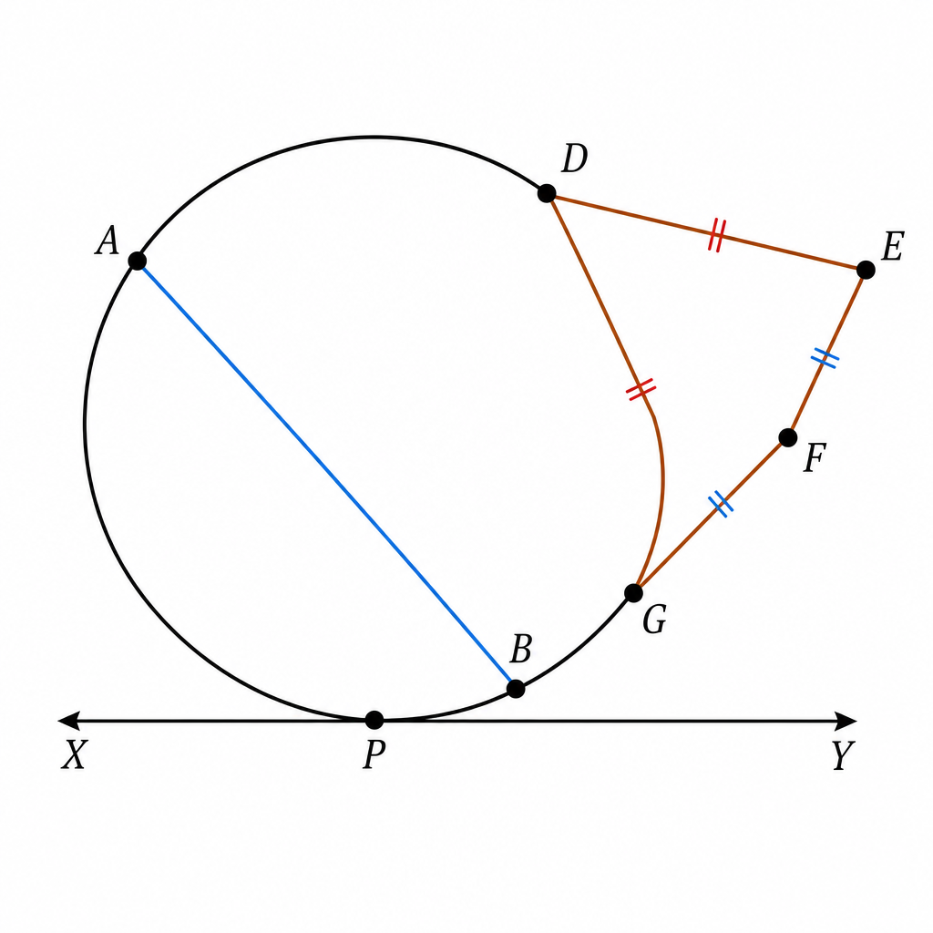 A diagram showing a circle with a kite shape (DEFG) attached to its side. The kite has DE = DG and FE = FG. The circle has a chord AB and a tangent line XY touching at point P.