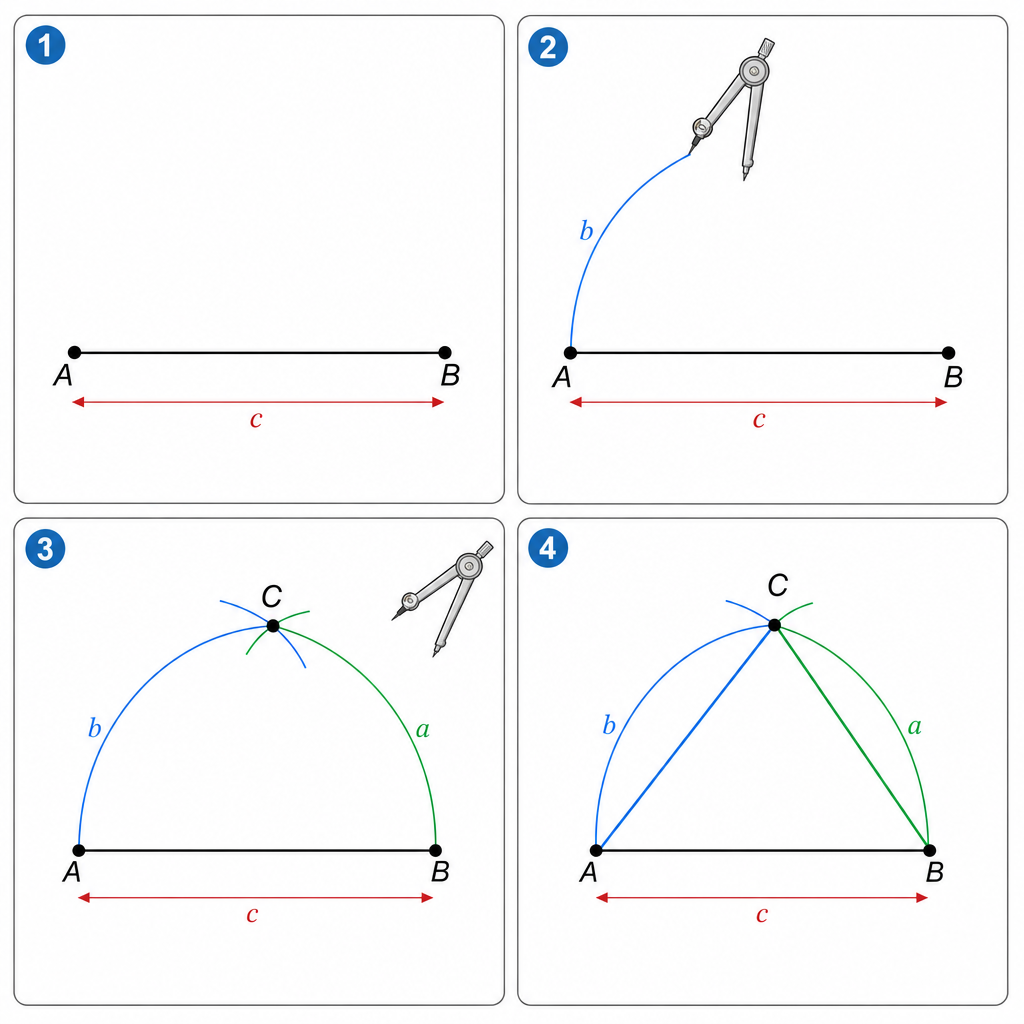 A step-by-step diagram showing the construction of a triangle with SSS. Step 1 shows the base line AB. Step 2 shows the first arc drawn from A. Step 3 shows the second arc drawn from B, intersecting the first. Step 4 shows the final triangle ABC with all construction arcs visible.