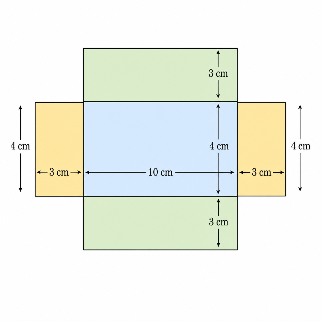 A net of a cuboid. The central rectangle is 10cm by 4cm. Rectangles attached to the 10cm sides are 10cm by 3cm. Rectangles attached to the 4cm sides are 4cm by 3cm.