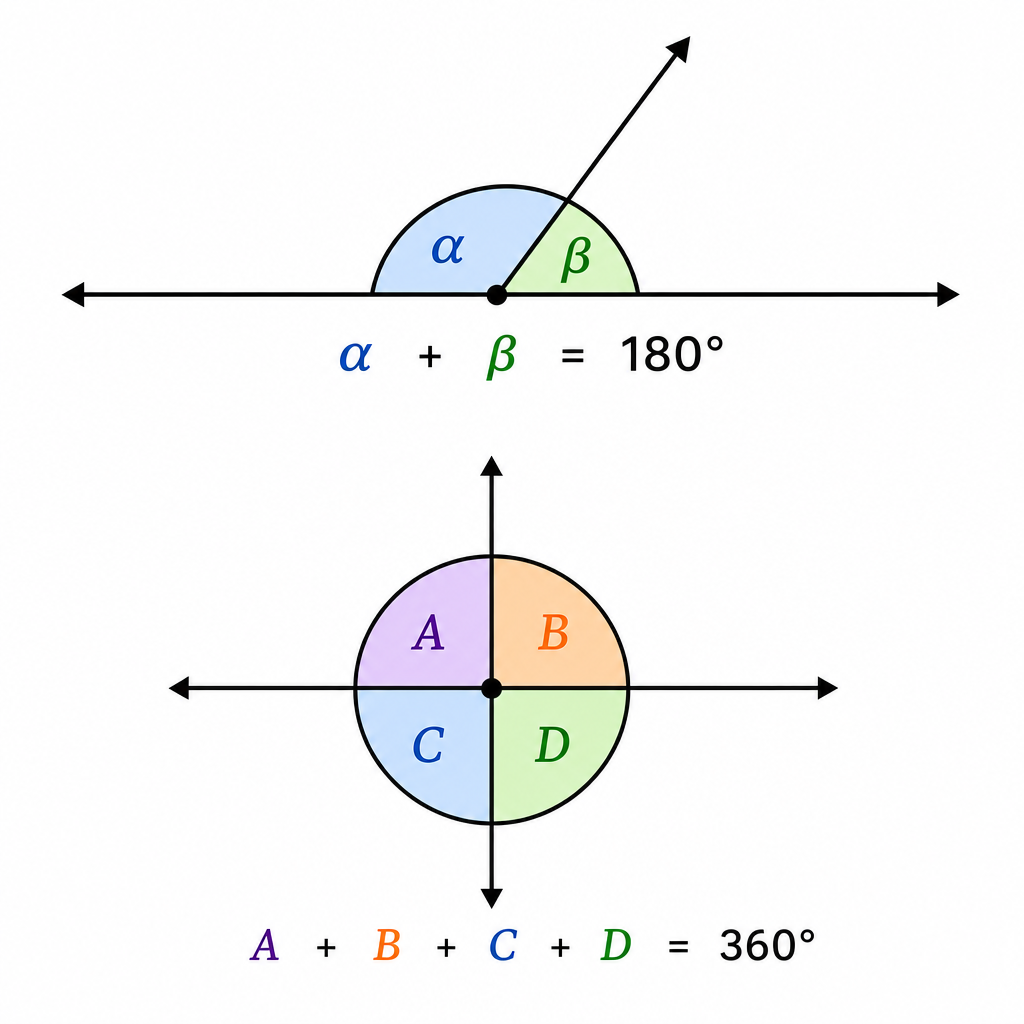 A diagram showing a straight line with two angles adding to 180 degrees, and another diagram showing four angles around a point adding to 360 degrees.
