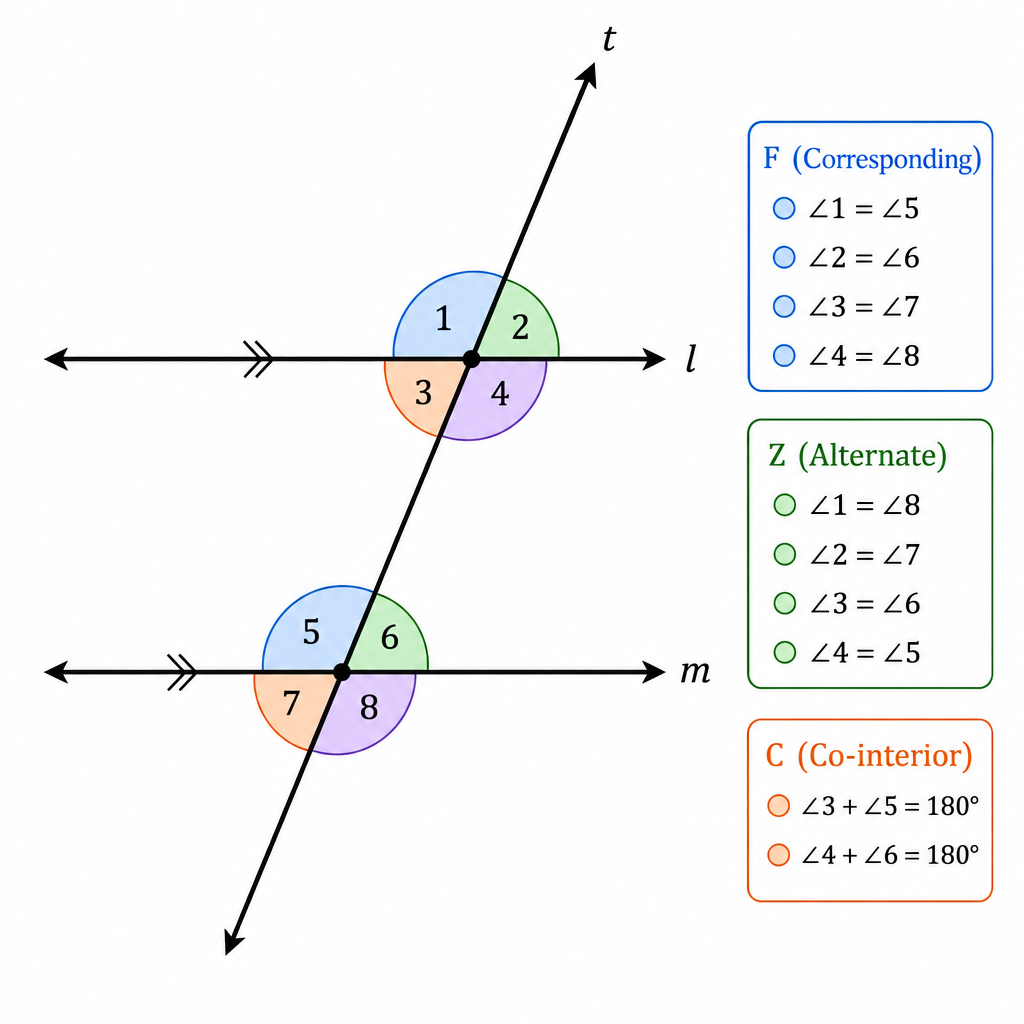 A classic parallel lines diagram clearly showing and labeling examples of F (corresponding), Z (alternate), and C (co-interior) angles.