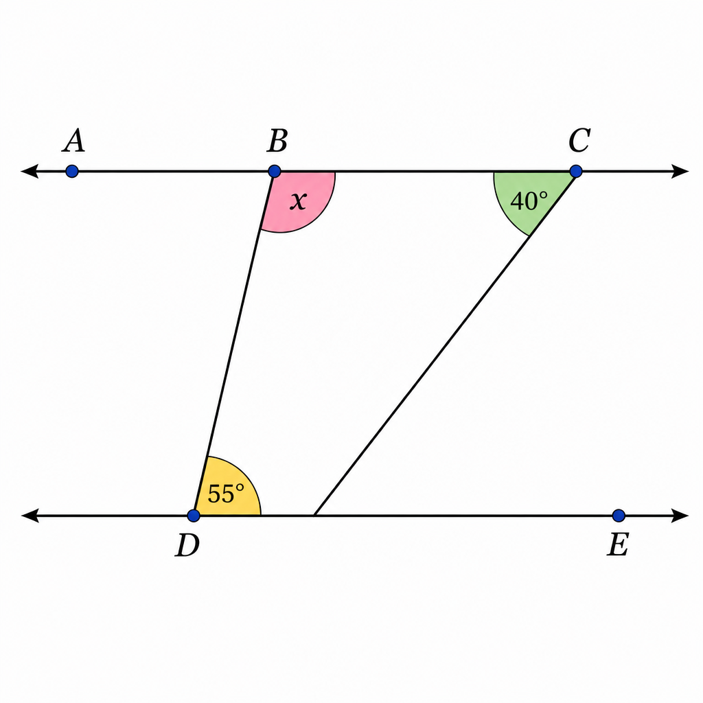 A diagram showing two parallel horizontal lines, ABC on top and DE on the bottom. A point C on the top line is connected to point D on the bottom line, forming a triangle BCD within the parallel lines. Angle BDE is marked as 55 degrees. Angle BCD is marked as 40 degrees. Angle CBD is marked with an 'x'.