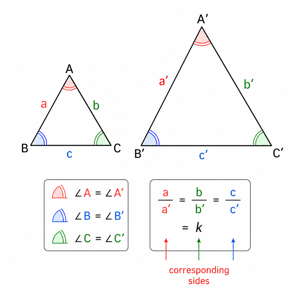 Two similar triangles, a small one and a large one, side-by-side. Corresponding angles are marked as equal, and corresponding sides are labelled.