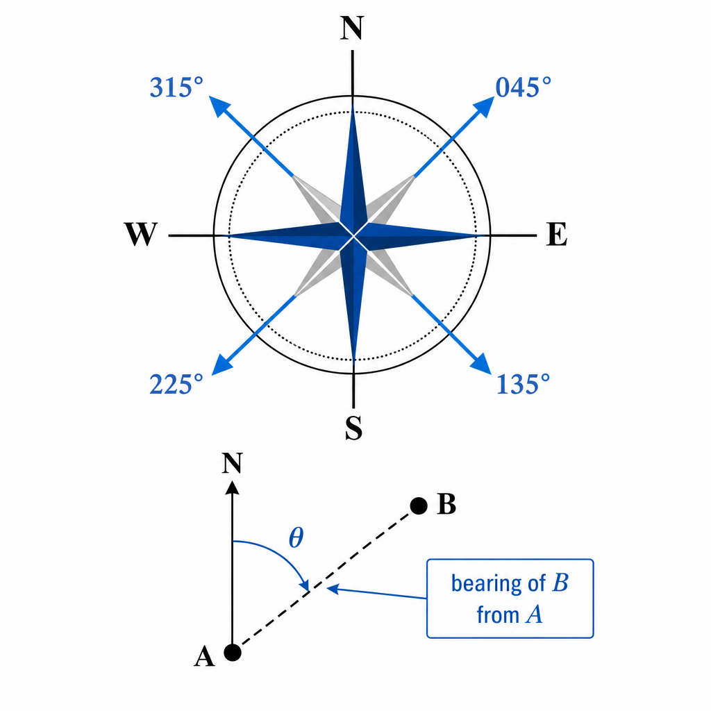 A compass rose with N/E/S/W marked and four bearing arrows overlaid: 045° (NE), 135° (SE), 225° (SW), 315° (NW). Below, a small side-diagram showing point A with a North line, a second point B, and the angle from A's north line swept clockwise to AB labelled 'bearing of B from A'.