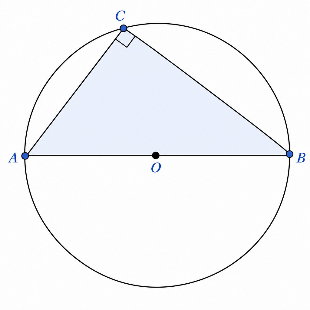 A circle with centre O marked. A diameter AB is drawn. A third point C sits anywhere on the circumference. Triangle ABC is shaded lightly; the angle ACB is marked with a small square (90°). Labels A, B (endpoints of diameter), C (on arc), O (centre).