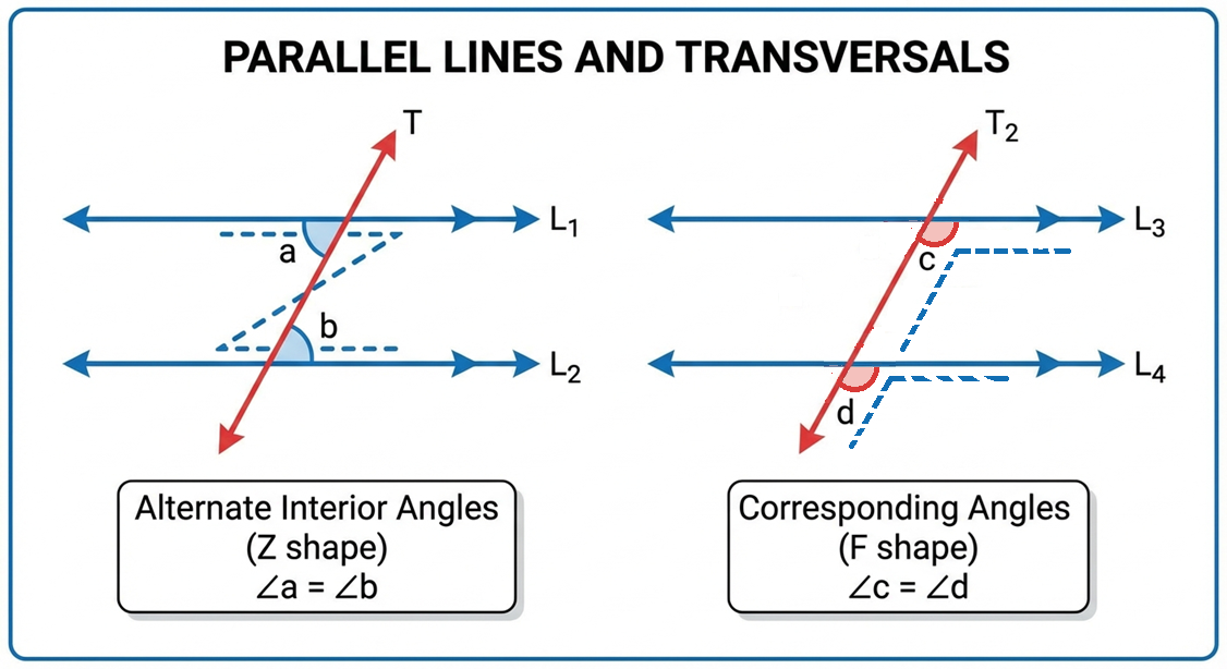 A diagram showing two parallel lines cut by a transversal. One 'Z' shape is highlighted showing equal alternate interior angles. A separate 'F' shape is highlighted showing equal corresponding angles.
