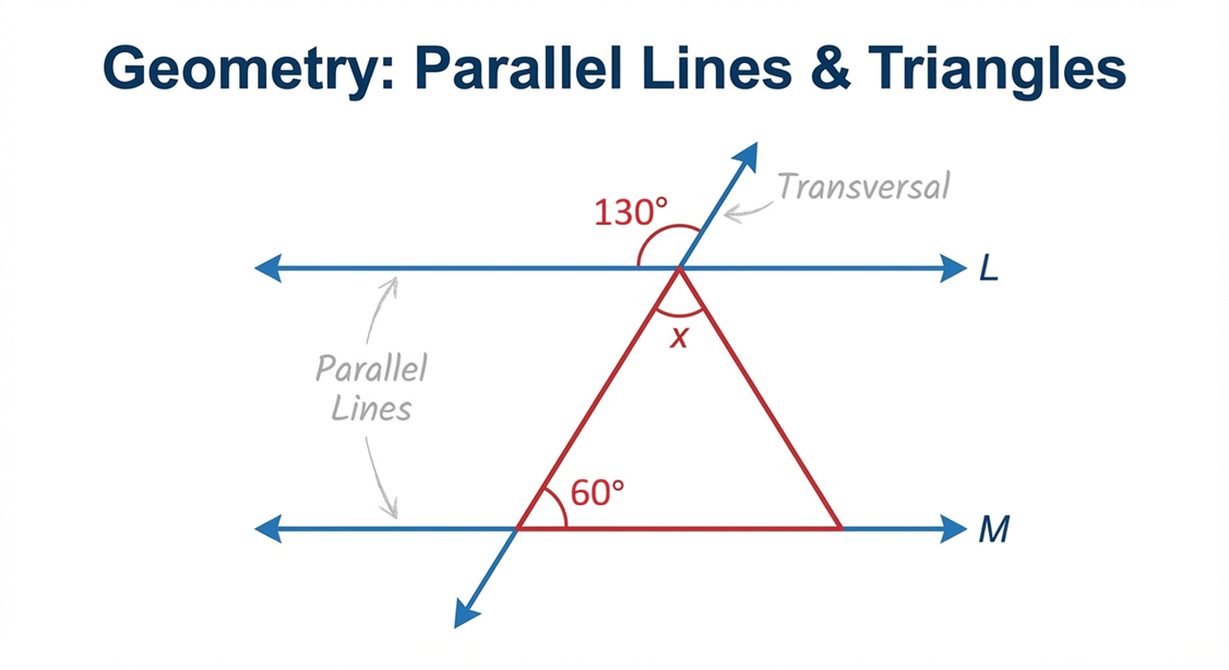 A diagram with two parallel lines. A triangle is drawn with one of its sides being the transversal, and its base on one of the parallel lines. An exterior angle is given as 110 degrees, and one of the triangle's base angles is 70 degrees. Find angle x inside the triangle.