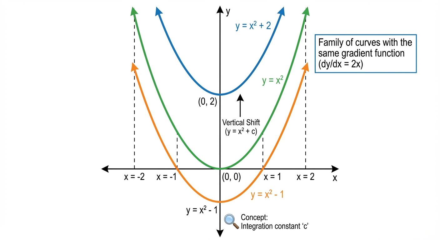 A graph showing several parabolic curves like y=x²+2, y=x², and y=x²-1. They are all vertically shifted versions of each other, illustrating a 'family of curves' with the same gradient function.