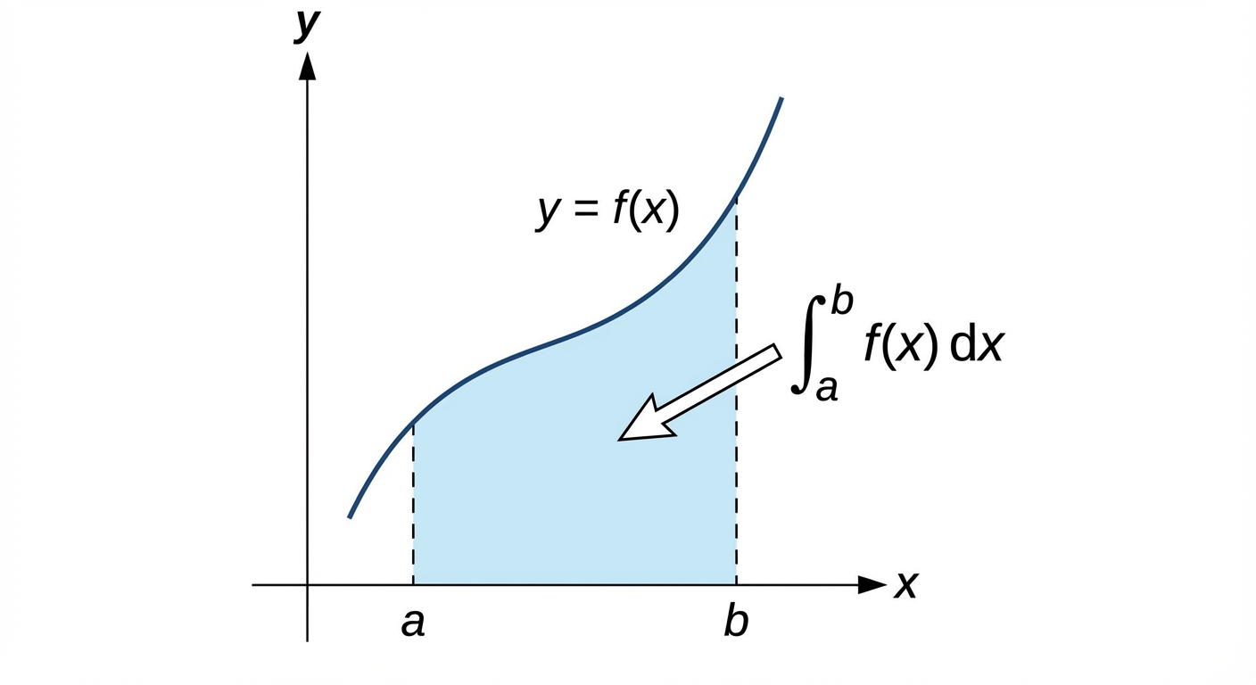 A graph of a curve y=f(x) with the area between x=a and x=b shaded. The labels a, b, and the integral are clearly shown to link the notation to the visual concept.