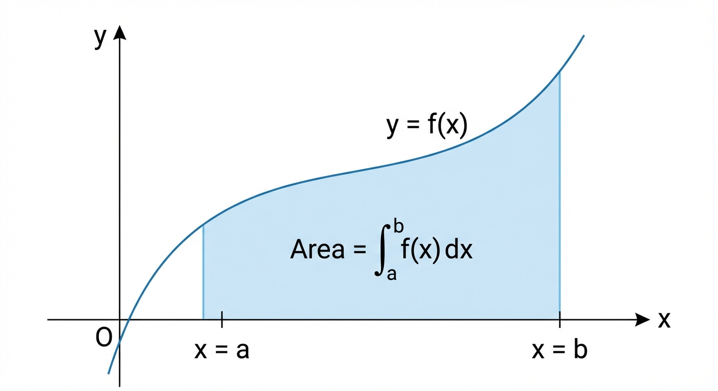 A graph of a curve y=f(x) with the area between the curve, the x-axis, and the vertical lines x=a and x=b clearly shaded.