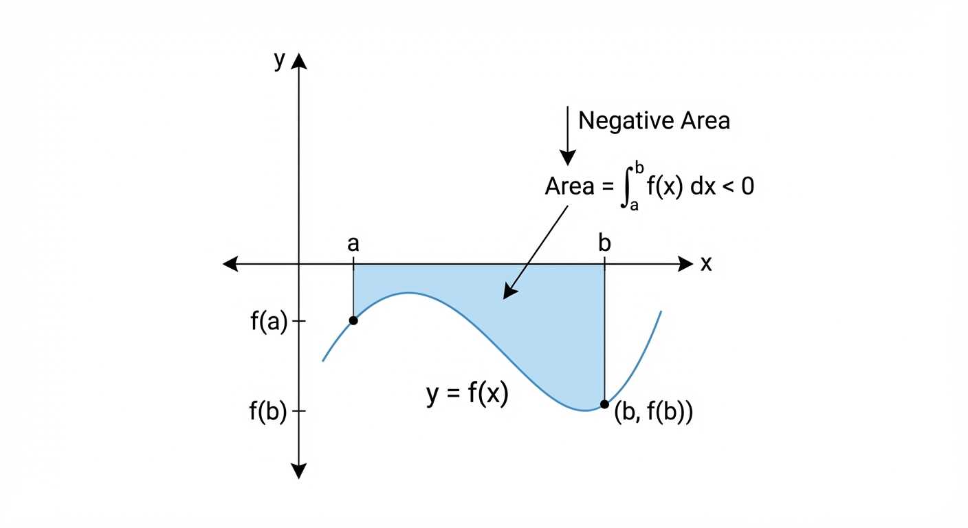 A graph showing a section of a curve below the x-axis, with the area between the curve and the x-axis shaded. The integral from a to b gives a negative result.