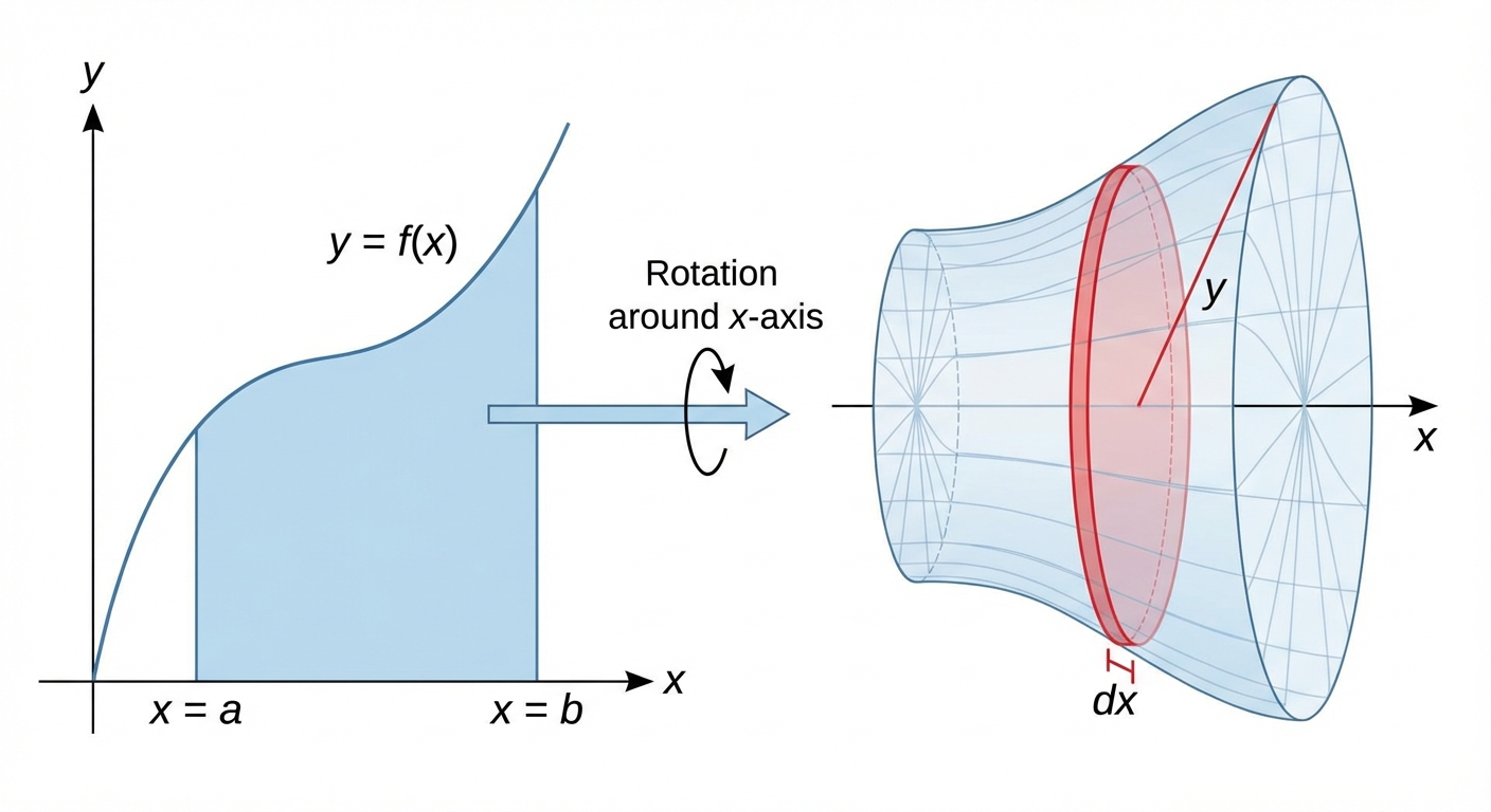 A 2D area under the curve y=f(x) is shown on the left. An arrow indicates rotation around the x-axis, leading to a 3D solid shape on the right, with a single thin disc of radius y and thickness dx highlighted.