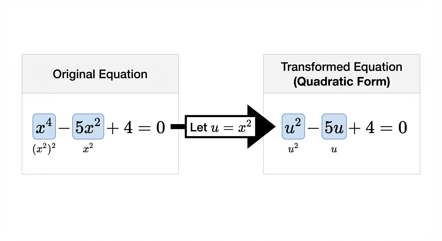 A side-by-side comparison. On the left, the equation with and highlighted. An arrow points to the right, labeled 'Let u = x²'. On the right, the transformed equation with and highlighted.