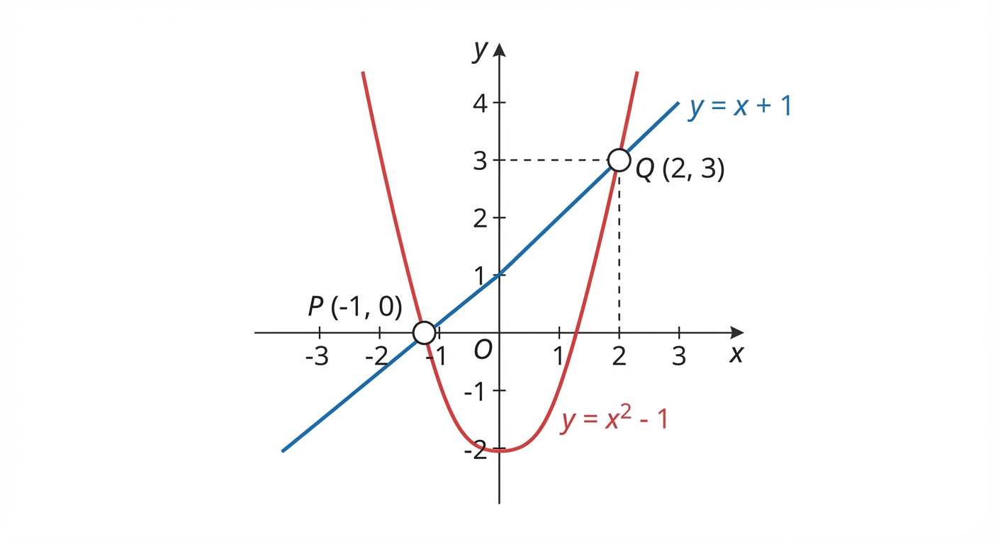 A graph showing a straight line intersecting a U-shaped parabola at two distinct points, labelled P and Q, with their coordinates shown.