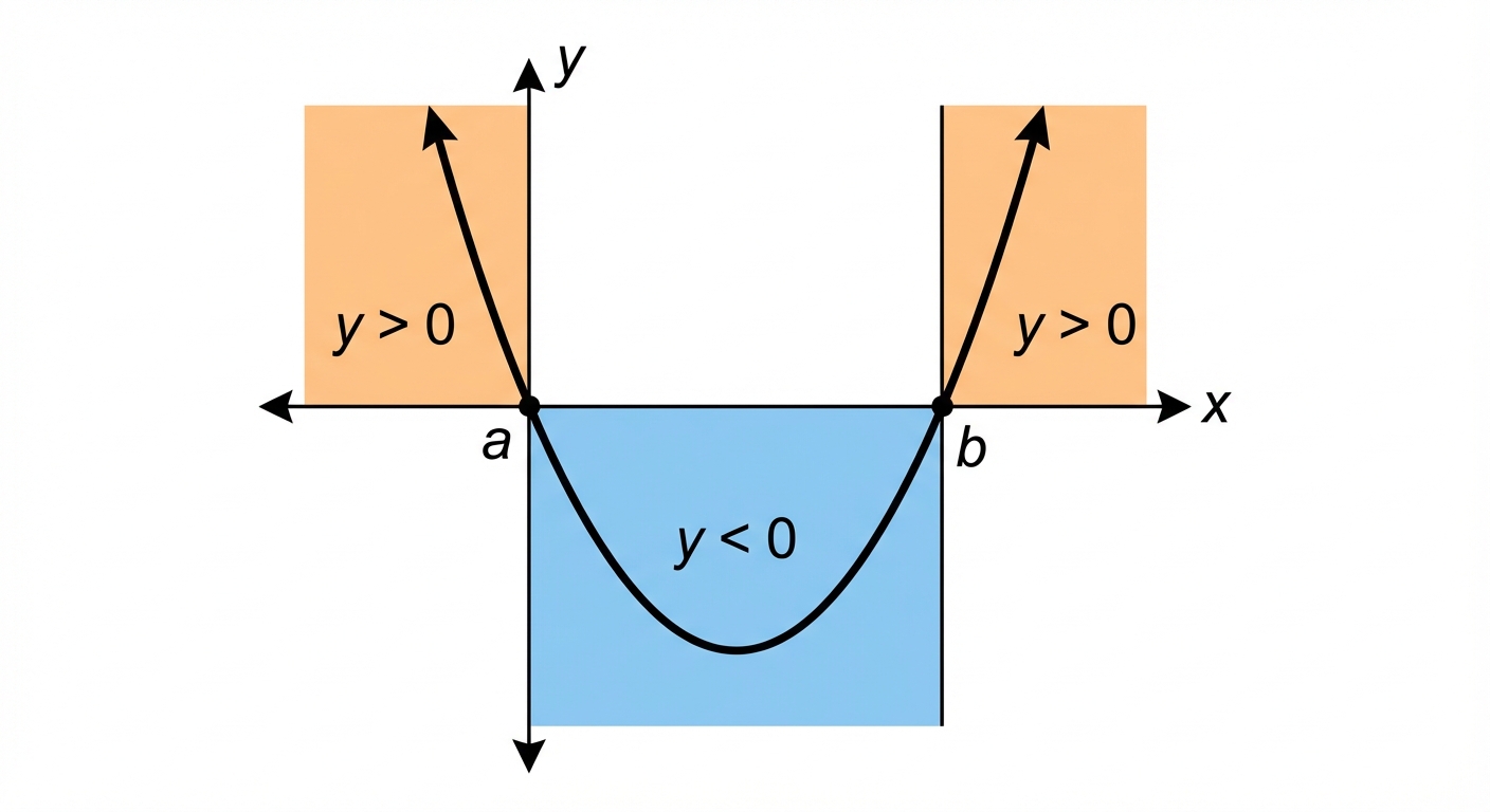 A diagram showing a U-shaped parabola crossing the x-axis at two critical values, 'a' and 'b'. The region between 'a' and 'b' is shaded below the x-axis (for y < 0), and the regions x < a and x > b are shaded above the x-axis (for y > 0).