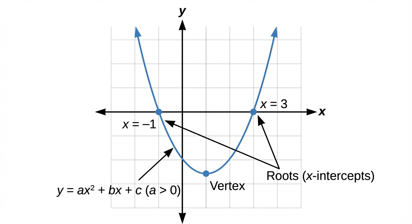 A U-shaped parabola intersecting the x-axis at two distinct points, e.g., x=-1 and x=3.