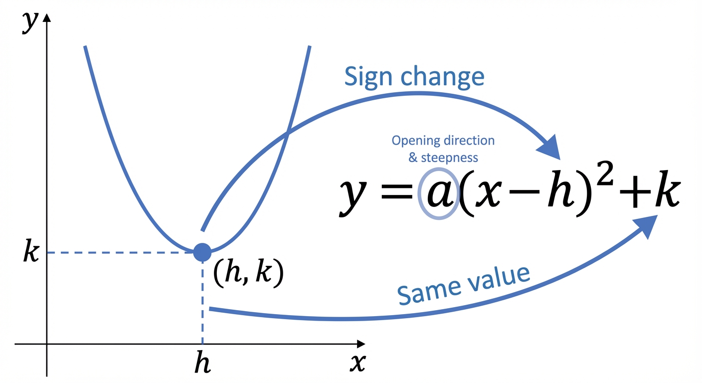 A diagram showing a U-shaped parabola with its vertex labelled (h, k). The completed square form is written next to it, with arrows pointing from '-h' to the x-coordinate 'h' (highlighting the sign change) and from '+k' to the y-coordinate 'k'.