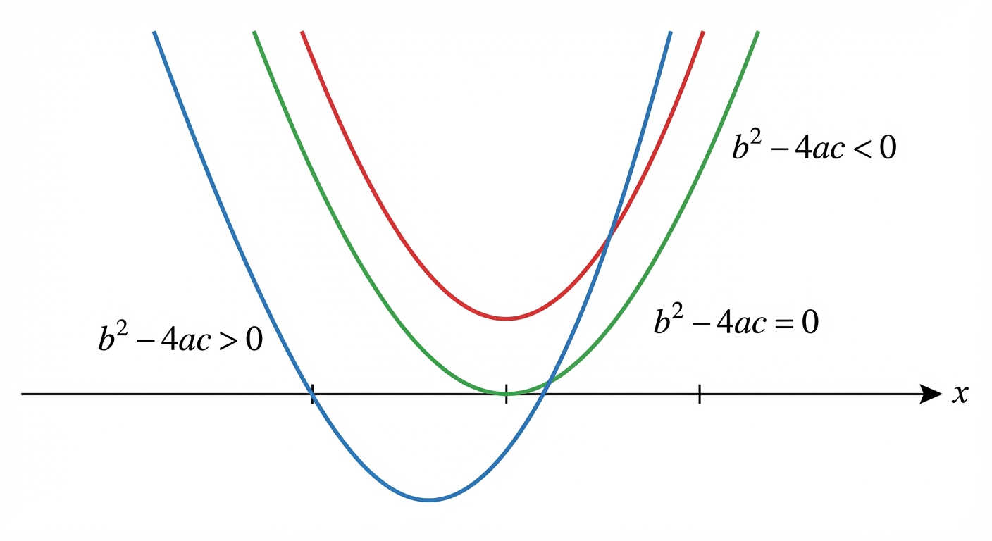 A graph showing three parabolas against the x-axis. The first, labelled 'b²-4ac > 0', clearly intersects the x-axis at two distinct points. The second, 'b²-4ac = 0', has its vertex touching the x-axis at a single point. The third, 'b²-4ac < 0', is positioned entirely above the x-axis, not touching it at all.