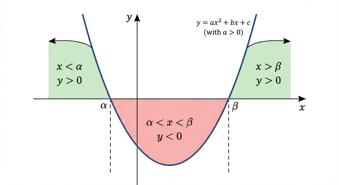 A sketch of a U-shaped parabola crossing the x-axis at two critical values, and . The region where the curve is above the axis () is shown to correspond to and . The region below () corresponds to .