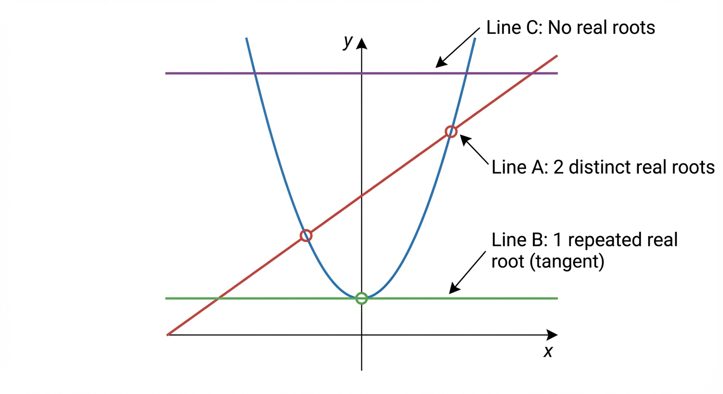 A graph showing three scenarios: a line intersecting a parabola at two distinct points (2 real roots), a line touching the parabola at one point, i.e., a tangent (1 repeated root), and a line missing the parabola completely (no real roots).