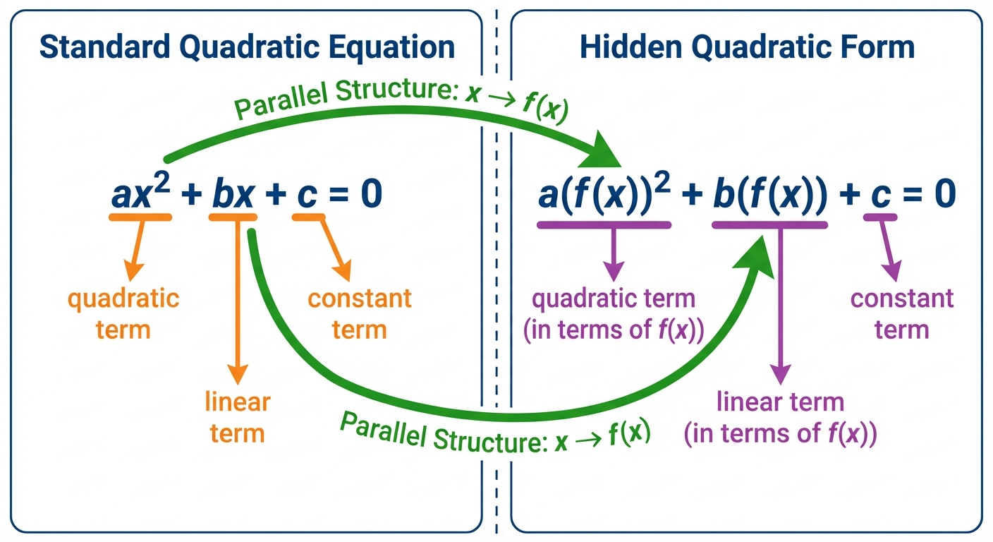 A visual diagram showing side-by-side comparisons. Left side: . Right side: , with arrows pointing out the parallel structure.