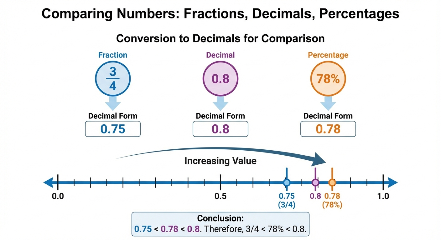 A visual showing a fraction (3/4), a decimal (0.8) and a percentage (78%) all being converted into decimals (0.75, 0.8, 0.78) to be compared on a number line.