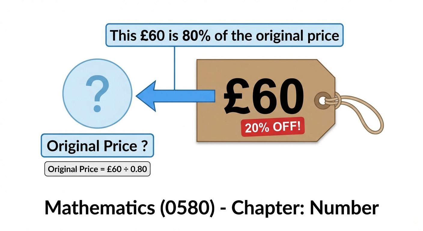 A diagram showing a price tag with '£60' and '20% OFF!'. An arrow points backwards from £60 to a question mark, with a label 'This £60 is 80% of the original price'.