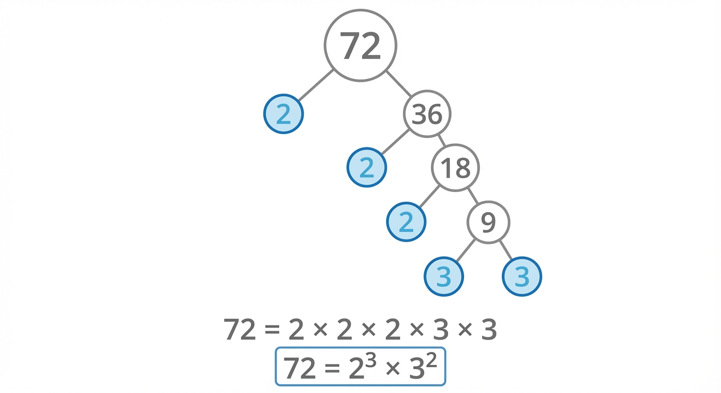A factor tree diagram showing how to break down the number 72 into its prime factors, 2 x 2 x 2 x 3 x 3, or