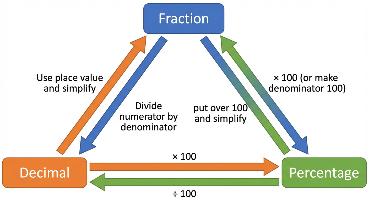 A triangular diagram showing 'Fraction', 'Decimal', and 'Percentage' at the corners. Arrows between them show the conversion operation, e.g., from Decimal to Percentage the arrow says 'x 100', from Percentage to Fraction it says 'put over 100 and simplify'.