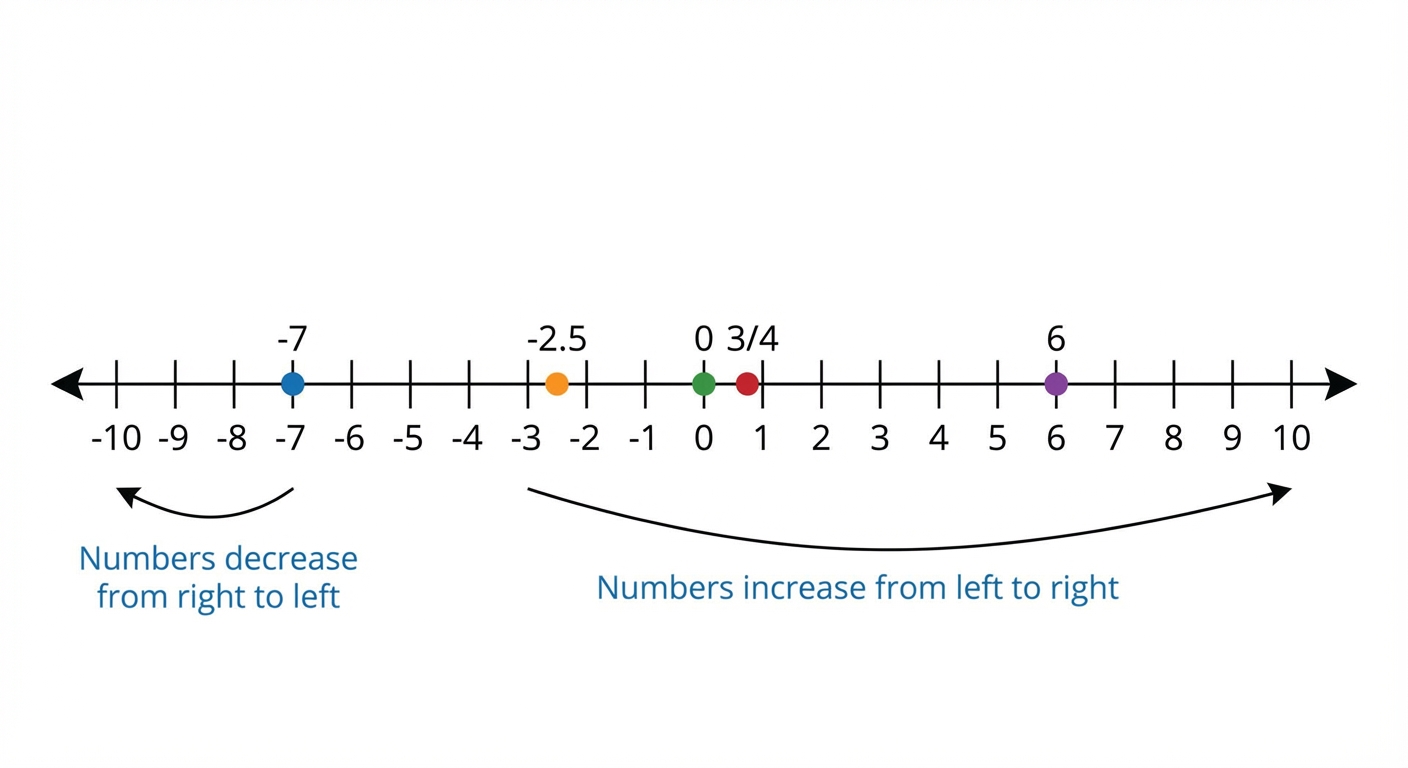 A colourful number line from -10 to 10. Key values like -7, -2.5, 0, 3/4, and 6 are plotted as dots on the line to visually show that numbers increase from left to right.